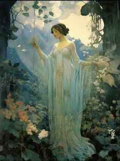 a painting of a woman in a blue dress standing in the woods holding a flower