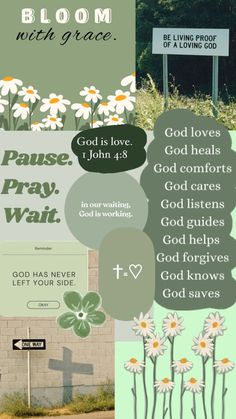 a collage of images with flowers and words on them, including the words god loves jesus