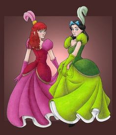 two women in dresses are talking to each other