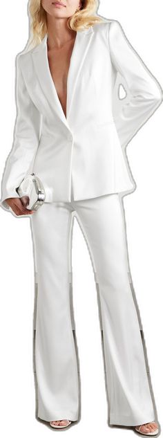 Glamorous Formal Pantsuit, White Suit With Straight Pants For Formal Occasions, Evening Suits With Structured Boning, Elegant Fitted White Bottoms, White Tuxedo Style Evening Pantsuit, Luxury White Suit For Evening, Elegant White Formal Bottoms, Luxury White Evening Suit, Chic White Formal Suit