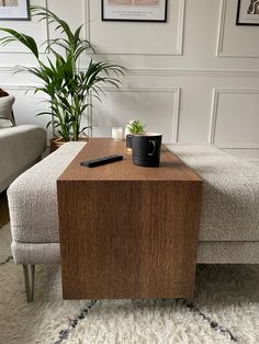 a coffee table with a plant on it and a pen sitting on top of it