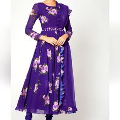 Neha Chopra Tandon Deep Purple Printed & Embroidered Anarkali Set Size: Xl(Bust - 40in | Waist - 34in | Hip - 44in) Floral Print Party Anarkali Set, Party Anarkali Set With Floral Print, Party Floral Anarkali Set, Transitional Purple Anarkali Set For Designer Wear, Bollywood Style Long Sleeve Anarkali Set With Floral Print, Bollywood Anarkali Set With Floral Print And Long Sleeves, Festive Long Sleeve Floral Anarkali Set, Floral Anarkali Set For Eid Party, Eid Party Anarkali Set With Floral Print