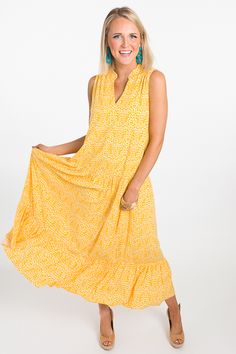 A midi dress during the summer just feels right! This one features cheerful yellow spots + a flowing tiered fit that feels just as good as it looks. Made up of a smooth 100% rayon fabric with a slip liner and a pull-on fit. Blue Door, Rayon Fabric, Elegant Outfit, Wearing Dress, Women's Fashion Dresses, Elegant Dresses, Boutique Clothing, Cute Dresses, Fashion Blogger