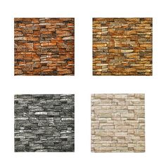 four different types of brick wall tiles in various colors and sizes, including brown, black, gray, white