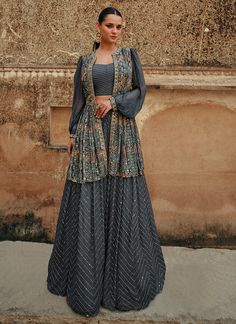 Deep Grey Jacket Style Lehenga Eugeniya Belousova, Indo Western Lehenga, Western Lehenga, Anarkali Suits Bollywood, Indo Western Dress, Lehenga Blouse, Designer Lehenga Choli, Silk Lehenga, Silk Jacket