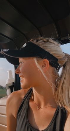 Cute Golfing Hairstyles, Cute Hairstyles For Visor Hats, Visor Hairstyles Cute Golf, Cute Visor Hairstyles For Work, Hair Styles With Visor Hats For Work, Golf Hairstyle Women No Hat, Tennis Hairstyles With Visor