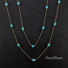 Turquoise Beaded Gold Chain Necklace December Birthstone | Etsy Turquoise Beaded Chain Long Necklace, Turquoise Long Necklace With Beaded Chain, Turquoise Long Crystal Necklaces For Jewelry Making, Turquoise Crystal Long Necklace For Jewelry Making, Turquoise Long Beaded Chain Necklace, Turquoise Long Necklace With Faceted Beads, Elegant Turquoise Wire Wrapped Beaded Necklace, Turquoise Beaded Long Necklace, Long Turquoise Necklace With Faceted Beads