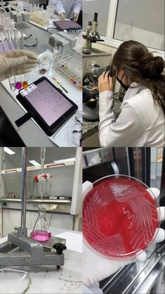 a woman in a lab looking at something on her tablet