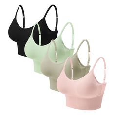 PRICES MAY VARY. Camisoles with built in bra,Pack of 4 mix colors. A nice crop top style, Wirefree designed with adjustable shoulder straps Widened elastic bottom band & Removable pads, it offers light support for daily wearing and the pads are easy to take out if needed. Low back bras design and V neckline, this nice lounge bra is sexy and suitable to wear with low cut shirts or dresses. Soft & lightweight materials: this longline bralette is comfortable to wear all day & night, or as a sports Sleeping Bra Night, Bra Sets For Women, Trendy Seamless Workout Bra, Stretch Crop Top Bra With Removable Pads, Trendy Cami Sports Bra With Built-in Support, Green Bra With Integrated Support, Trendy Cami Sports Bra With Built-in Bra, Cami Sports Bra With Removable Pads, Trendy Sports Bra With Spaghetti Straps And Built-in Bra