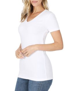 Your perfect everyday short sleeve cotton shirt. Great for layering or wearing by itself. Slightly longer in length and perfect for leggings or jeans. Pull on closure with a v style neckline. Fabric: 95% Cotton | 5% Spandex | Comfortable Cotton Fabric Basic Everyday Essential | Longer Length: 26.5" Pull On Closure | V-Neck | Short Sleeve Solid Colors | Stretchy | Not See Through | True to Size Longer Length: 26.5" | Chest: 28.5" Measured from size Small Cotton Stretch V-neck Short Sleeve Top, Cotton V-neck T-shirt For Layering, Stretch Short Sleeve T-shirt For Layering, Trendy Stretch Short Sleeve V-neck Top, Trendy Stretch V-neck Short Sleeve Top, Trendy V-neck Short Sleeve Top With Stretch, Trendy V-neck Short Sleeve Stretch Top, Solid Color Stretch V-neck Short Sleeve Top, Stretch V-neck T-shirt For Layering