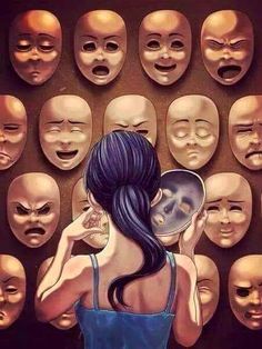 a woman holding a mask in front of many faces