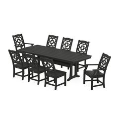 an outdoor dining table with eight chairs and one bench in the middle, on a white background