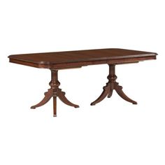 a wooden table with two pedestals on each end and an oval shaped dining table top