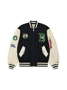 Boston Celtics X Alpha X New Era L-2B Bomber Jacket Nba Clothes, Variety Jacket, Celtics Jacket, Alpha Logo, Nba Jacket, Hidden In Plain Sight, White Sleeves, Sports Jackets, Team Jackets