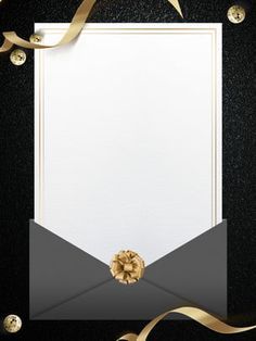 a black and white envelope with a gold bow on the corner, surrounded by golden ribbons