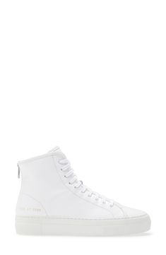 A streamlined high-top sneaker that doesn't shout, this leather kick is foil-stamped with factory ID and style codes for a look that's both sporty and smart. Style Name:Common Projects Tournament High Super Sneaker (Women). Style Number: 5636336. Modern High-top Sneakers With Boost Midsole, Classic High-top Sneakers With Perforated Toe Box, Luxury High-top Sneakers With Contrast Sole, Modern High-top Sneakers With Boost Midsole And White Sole, Luxury Leather High-top Platform Sneakers, Modern Medium Fit High-top Sneakers For Streetwear, Modern High-top Sneakers With Branded Insole, Modern Leather High-top Sneakers With Boost Midsole, Modern High-top Sneakers With White Sole