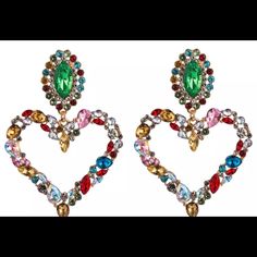 Baroque Heart Earrings Inlaid With Water Drop Color Rhinestones Color: Multicolor Metal; Zinc Alloy Gorgeous! All Sales Final Queen Earrings, Crystal Heart Earrings, Retro Earring, Costume Jewelry Earrings, Heart Shaped Earrings, Drag Queens, Heart Drop Earrings, Rhinestone Heart, Vintage Heart