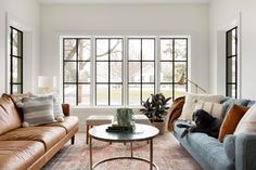 a living room with two couches and a coffee table in front of large windows