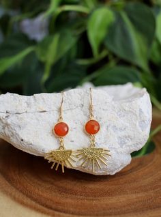 Carnelian Gold Sun Dangle Earrings, Handmade Boho Jewelry, Gemstone Gift - Etsy Carnelian Gold Earrings With Ear Wire, Gold Carnelian Earrings With Ear Wire, Gold Carnelian Dangle Earrings, Bohemian Gold Carnelian Earrings, Gold Bohemian Carnelian Earrings, Glass Dome Jewelry, Earrings Handmade Boho, Handmade Boho Jewelry, Boho Layering