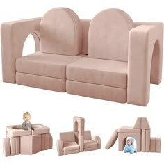 a child's sofa and play set made out of foam blocks with a baby sitting on it