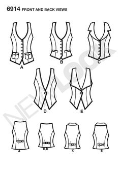 sewing pattern for ladies's vests from the front and back views, with different variations