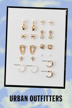 Pearl post & hoop earring set with ten pairs of unique earrings. Content + Care Includes 10 pairs Mixed metals Wipe clean Imported | Pearl Post & Hoop Earring Set in Gold, Women's at Urban Outfitters Trendy Urban Outfitters Jewelry As Gift, Urban Outfitters Gold Jewelry For Gift, Urban Outfitters Gold Jewelry For Gifts, Urban Outfitters Jewelry Gift, Hoop Earring Set, Ear Style, Hoop Earring Sets, Mixed Metals, Clothing Apparel