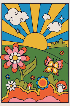 the sun and flowers are depicted in this coloring book