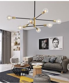 a living room filled with furniture and lots of lights hanging from the ceiling next to a window