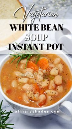 white bean soup in a bowl with carrots and bread