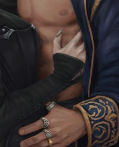 a painting of a shirtless man with his hands on his chest and arm wrapped around him