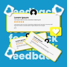 three business cards with the word feedba written on them, and four stars in the middle