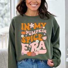 Pumpkin Season Sweatshirt, In My Pumpkin Spice Era Sweatshirt, Pumpkin Season Hoodie ✔️ Crafted using advanced DTF technology and a professional-grade heat press, our shirts are designed for ultimate comfort with high quality and super soft materials. 👉 HOW TO PLACE AN ORDER? * Review the size, color, and theme of the images in this listing. * Select your preferred size and shirt color from the menus. * Complete the empty box with your desired design color for personalization. Refer to the list Hooded Text Print Sweatshirt For Fall, Cute Fall Hoodie Sweater, Cute Fall Hoodie Sweatshirt, Fall Letter Print Hoodie Sweatshirt, Cute Fleece Tops For Fall, Cute Hoodie Sweatshirt For Fall, Cute Fleece Sweatshirt With Letter Print, Cute Text Print Sweatshirt For Fall, Cute Sweatshirt With Text Print And Long Sleeves