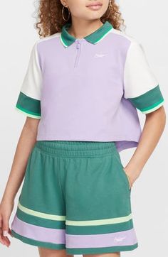 Your young one will look adorably preppy on and off the tennis court in a boldly colorblocked crop pullover cut from a lightweight cotton blend. Quarter-zip closure 65% cotton, 35% polyester Machine wash, tumble dry Imported Sporty Tops With Color Contrast For Spring, Green Athleisure Top For Tennis, Casual Tennis Tops For Spring, Half-zip Sportswear Tops For Spring, Spring Sports Half-zip Top, Spring Half-zip Sports Top, Spring Sportswear Half-zip Tops, Spring Half-zip Sportswear Tops, Trendy White Half-zip Top