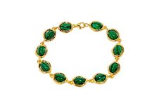 Delicate bracelet handcrafted of sterling silver covered 14ct. gold and natural malachite.Deep green malachite stones fitted in a gold setting looks fabulous.This luxury jewellery suitable for everyday and evening wear. Bracelet consist of 11 malachite stones. Care Instructions: To maintain your jewellery, wipe gently with a cotton cloth that is soft and clean. Do not soak in water. Avoid contact with soaps, detergents, perfume or hair spray. Will come in beautiful gift bag. Return and exchange Malachite Bracelet, Malachite Jewelry, Green Malachite, Malachite Stone, Luxury Jewellery, Hair Spray, Nature Bracelets, Deep Green, Chain Link Bracelet