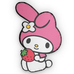 the hello kitty is holding a strawberry in her right hand and wearing a pink hat