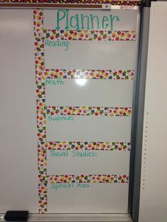 a white board with polka dots on it and the word planner written in green letters