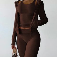 Casual Ladies Sport Suit Fashion Sleeveless O-Neck Tank Top + Long Sleeve Zip Hooded Coat + Pencil Pants Set Slim 3 Piece Sets Fitted Sleeveless Sets For Fall, Fitted Sleeveless Winter Set, Jogger Outfits, Long Sleeve Vest, Loose Cotton Pants, Trendy Activewear, Trendy Coat, Trendy Outerwear, Drawstring Sweatpants