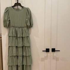 Green Midi Dress (Worn Once) The Waist Is Very Stretchy! Green Ruffle Dress, Light Sage Green, Green Midi Dress, Anthropologie Dress, Anthropologie Dresses, Ruffle Dress, Wearing Dress, Sage Green, Colorful Dresses