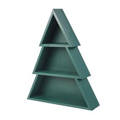 a green shelf with three shelves on each side and one in the shape of a triangle