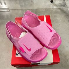 Sandals For Girls / Size 2y Beautiful Sold Out Pink Sandals With Straps For Better Support. Brand New In Box Nike Shoes Pink, Sandals With Straps, Nike Slippers, Pink Nike Shoes, Nike Sandals, Pink Barbie, Pink Sandals, Shoes Pink, Kids Nike