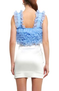 Charm endlessly in this gauzy tulle tank fashioned in a cropped silhouette with luscious ruffles. Square neck Lined 100% polyester Hand wash, dry flat Imported Feminine Ruffled Straps Crop Top, Feminine Ruffled Crop Top With Ruffled Straps, Flirty Fitted Ruffle Crop Top, Flirty Fitted Ruffles Crop Top, Flirty Fitted Crop Top With Ruffles, Chic Cropped Ruffle Crop Top, Feminine Ruffled Crop Top, Chic Crop Top With Ruffles, Spring Flirty Ruffled Crop Top