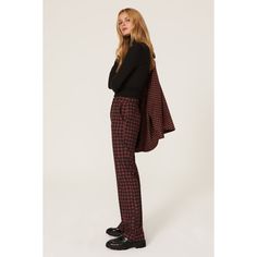 Ruby red plaid ponte (90% Polyester, 10% Spandex). Trousers. Front zipper fly with button closure. 40" from hip to hemline. Imported. Fall Houndstooth Straight Pants, Houndstooth Straight Pants For Fall, Fall Houndstooth Pattern Straight Bottoms, Straight Pants With Houndstooth Pattern For Fall, Business Pants For Fall, Fitted Houndstooth Pants For Fall, Plaid Bottoms For Business In Fall, Tailored Houndstooth Bottoms For Fall, Plaid Bottoms For Winter Workwear