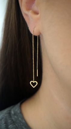 14K 9K Gold Heart Threader Earrings,Gold Minimalist Earrings, Dainty Heart Threaders, Long Chain Earrings, Heart Ear Thread, Romantic Gift Women, Gift for her, FREE EXPRESS SHIPPING Dainty and minimalist 14K or 9K Solid gold threader earrings with a small heart. A lovely, versatile pair of earrings/earring that you will love wearing all day, everyday! Whisper....Love...! ------------------------------------------------- D E T A I L S 14K Solid Gold or 9K Solid Gold Length: 11cm / 4.3'' Heart: 8 Gold Minimalist Heart Earrings For Everyday, 14k Gold Filled Threader Earrings As Gift, Minimalist Heart Jewelry For Pierced Ears, Minimalist 14k Gold Heart Earrings, Dainty Threader Earrings For Anniversary, Minimalist Heart Drop Earrings As Gift, Minimalist Yellow Gold Heart Drop Earrings, Minimalist Pierced Yellow Gold Heart Earrings, Delicate Gold Heart Earrings For Everyday