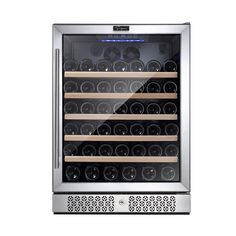 a wine cooler with many bottles and shelves on the front, in stainless steel finish