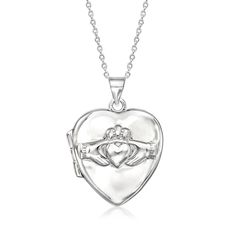 Ross-Simons - Italian Sterling Silver Claddagh Heart Locket Necklace. 16". Love. Loyalty. Friendship. Three special sentiments that make this sterling silver Claddagh heart locket necklace meaningful. Fits a 5/8" x 5/8" photo inside. Suspends from a classic cable chain with a 2" extender. Lobster clasp, sterling silver Claddagh heart locket necklace. Loyalty Friendship, Jewelry Presentation, Heart Locket Necklace, Fine Jewelery, Silver Lockets, Necklace Necklace, Heart Locket, Fine Jewellery Necklace, Locket Necklace