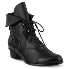 Spring Step Style: Galil Polished leather lace-up bootie detailed with a fold-over cuff and metal eyelets. Heel Height (approximately): 1 1/4" stacked Shaft Height (approximately): 6 1/2" Circumference (approximately): 10" Features: -Round toe, polished leather, durable waxed cotton laces, antique finished pewter eyelets, polished stacked heel. -Soft textile lining. -Synthetic leather padded insole. -Rubber outsole. -Imported. Womens Black Booties, Spring Step Shoes, Leather Lace Up Boots, Lace Up Booties, Comfortable Boots, Leather Boots Women, Black Leather Shoes, Shoes Heels Pumps, Soft Light