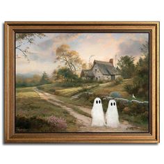 a painting of two white ghost walking down a dirt road in front of a house