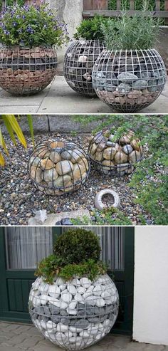 three different types of planters made out of rocks and wire, with plants growing in them