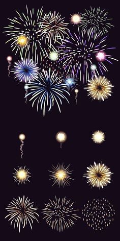 fireworks are lit up in the night sky with bright colors and sparkles on them