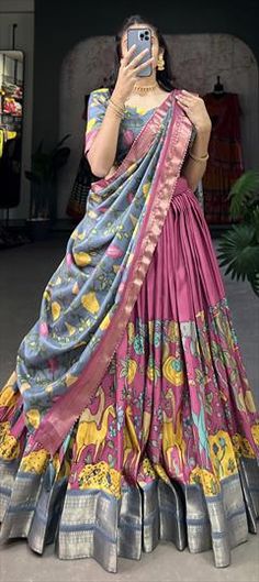 Pink and Majenta color Lehenga in Dolla Silk fabric with Printed, Weaving, Zari work Pink Half Sarees, Engagement Lehenga, Cotton Lehenga, Half Saree Lehenga, Engagement Reception, Reception Lehenga, Half Sarees, Baby Pink Colour, Trendy Dress Outfits